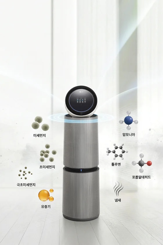 LG 퓨리케어 AI 오브제컬렉션 360˚ 공기청정기 주변에 미세먼지, 초미세먼지, 극초미세먼지, 유증기, 암모니아, 톨루엔, 폼알데하이드, 냄새 등의 오염 물질을 나타내는 그래픽 요소들이 배치되어 있고 각각의 이름이 적혀 있습니다. 공기청정기에서 나오는 공기 흐름과 AI 공기질 센서가 센싱하는 모습이 시각적으로 표현되어 있습니다.