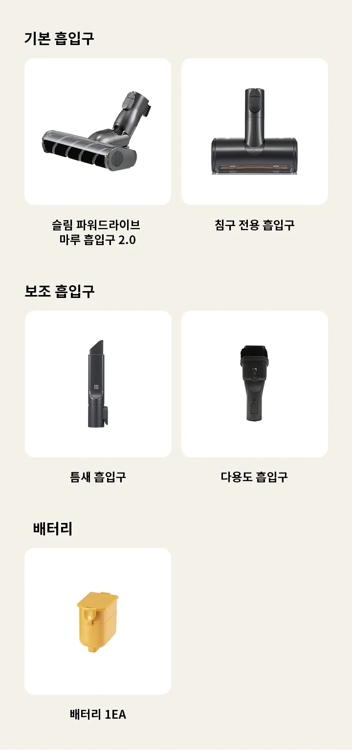 이미지에는 무선청소기의 다양한 흡입구와 배터리가 나열되어 있습니다. 첫 번째로 기본 흡입구 아래에는 슬림 파워드라이브 마루 흡입구 2.0과 침구 전용 흡입구가 있습니다. 두 번째로 보조 흡입구 아래에는 틈새 흡입구와 다용도 흡입구가 있습니다. 마지막으로 배터리 아래에는 배터리 1EA가 표시되어 있습니다. 각 흡입구와 배터리는 각각의 용도에 맞게 디자인되어 있습니다.