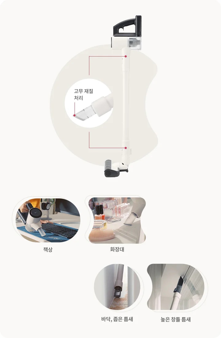 무선 청소기를 이용하여 집안 곳곳을 청소하는 모습을 보여주는 이미지입니다. 컴퓨터 키보드, 화장대, 틈새, 바닥, 높은 곳 등 다양한 공간을 청소하는 모습이 담겨 있습니다.