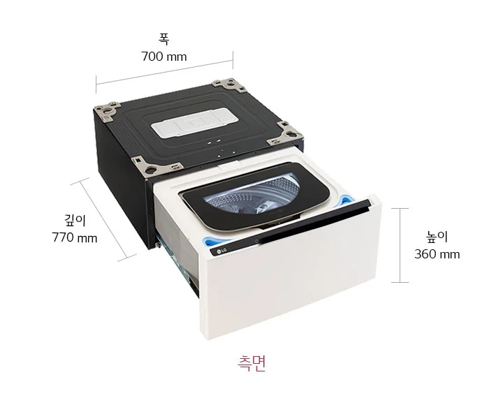 세탁기의 측면 이미지로, 서랍식 세탁기가 반쯤 열려 있습니다. 세탁기의 폭은 700mm, 깊이는 770mm, 높이는 360mm로 표시되어 있습니다. 세탁기 내부에는 드럼이 보이며, 외관은 검은색과 흰색으로 구성되어 있습니다. 측면이라는 텍스트가 포함되어 있습니다.